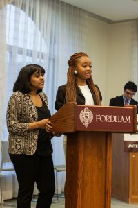 Tochi Mgbenwelu, FCRH ’15 and running partner Anisah Assim, FCRH ’16, also verbalized their ideas in the debate. 
