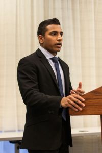 Nevin Kulangara, GSB  ‘15 presented his platform in the USG debate this past Monday. (Josh Kim/The Ram)