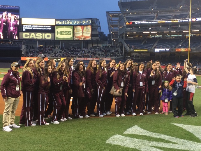 The softball team was honored on Thursday, April 9, at Yankee Stadium for their 2014 Atlantic 10 Championship title. Courtesy of Brendan Bowes
