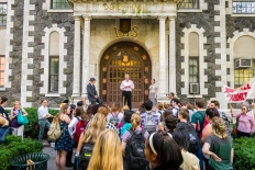Adjunct instructors and students gathered on the steps of Dealy Hall to hand out pamphlets and publicly deliver their petition to the office of the president. (Andrea Garcia/The Fordham Ram)