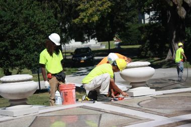 Woodlawn Conservancy chose two apprentices from 16 interns after nine weeks of restoration of the Matthew C. Borden Memorial. (Courtesy of Damaso Reyes)