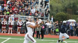 Austin Longi reels in a 54-yard touchdown reception from Kevin Anderson in the waning moments of the first half. (Courtesy of Fordham Athletics)