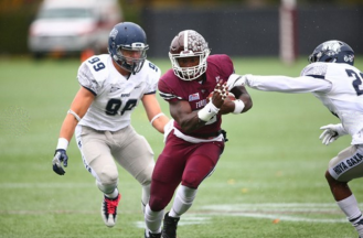Running back Chase Edmonds brought his career touchdown total to 62 during Saturday's game at Bucknell. (Courtesy of Fordham Athletics)
