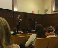 Joe McDonough, founder of the Andrew McDonough B+ Foundation, speaks from the Keating 1st stage (Laurel Dillon for The Fordham Ram).